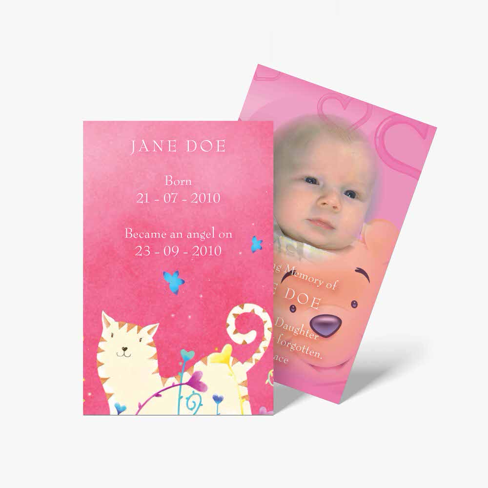 a baby's photo card with a pink background