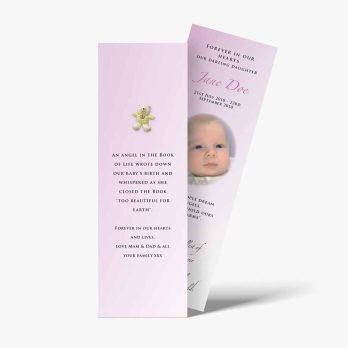 a pink bookmark with a baby's photo on it