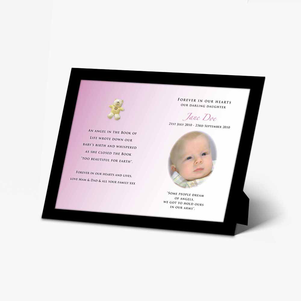 a baby's baptism card with a pink background