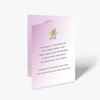 a pink greeting card with a teddy bear on it