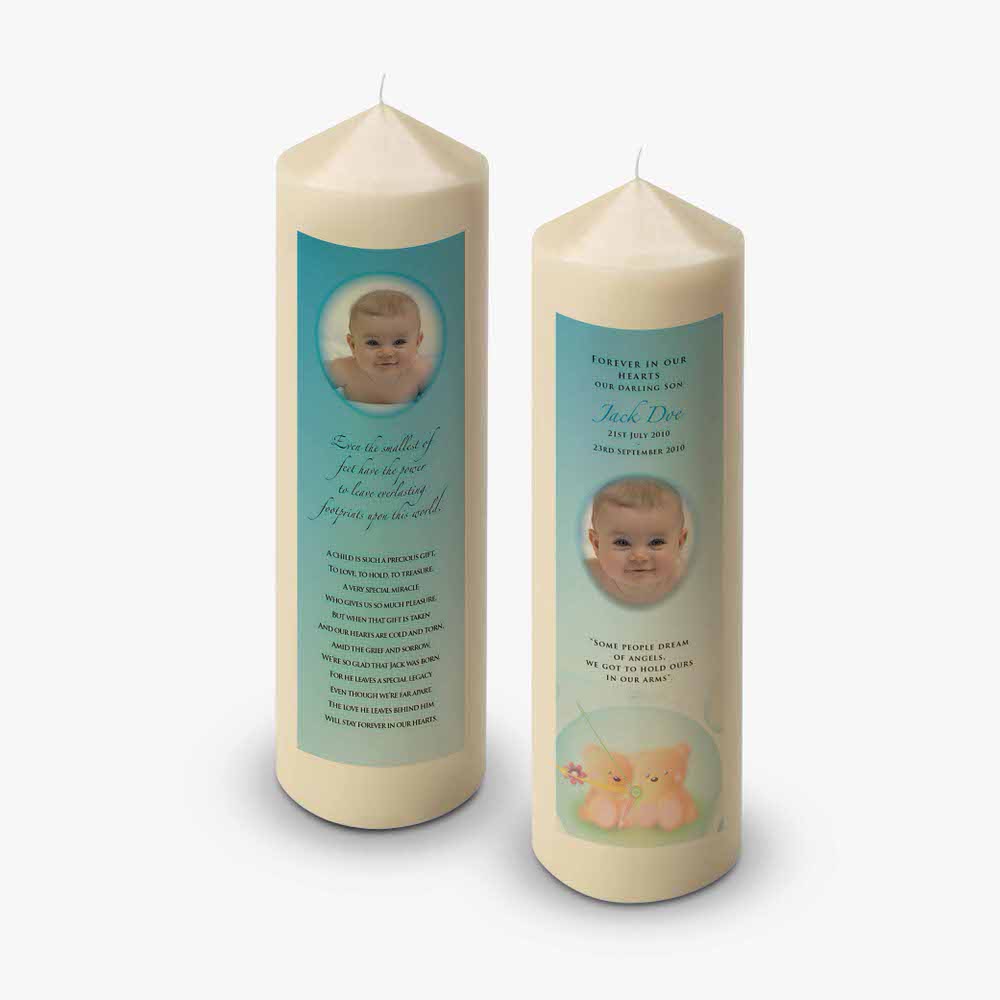 a candle with a photo of a baby on it