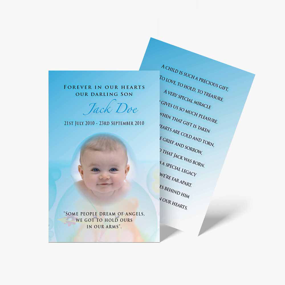 a baby baptism card with a photo of a baby in the water