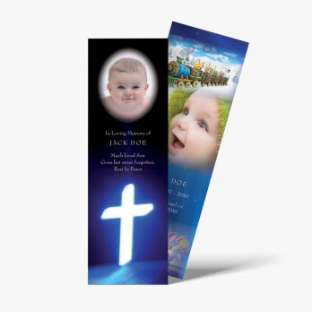 a bookmark with a photo of a baby and a cross