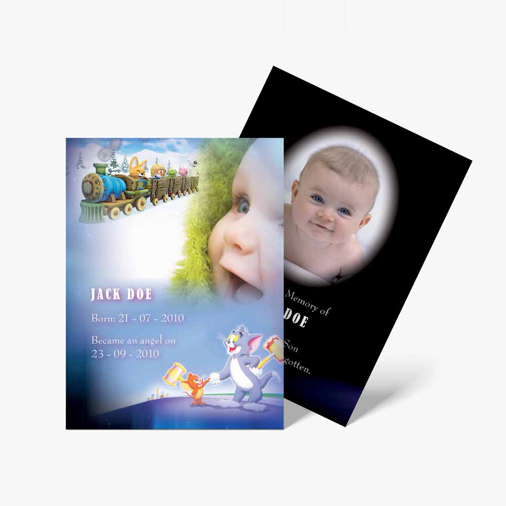 a baby's photo is on a card with a train
