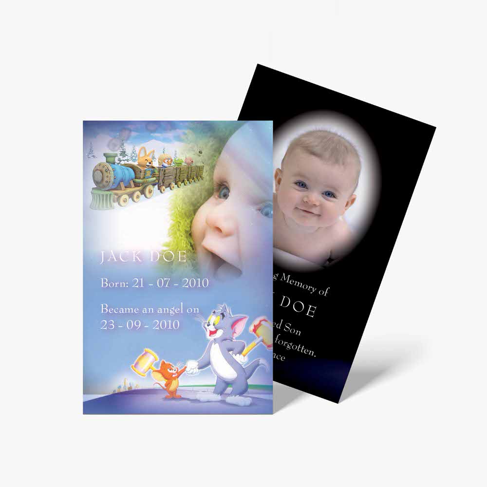 a baby's photo is on a card with a train