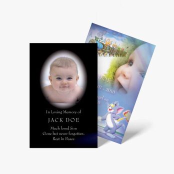 a baby's photo is shown on a card with a blue background