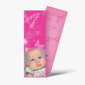 a pink bookmark with a baby's photo on it