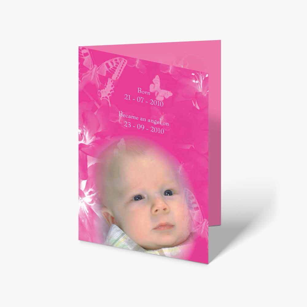 a baby's photo is on a pink greeting card