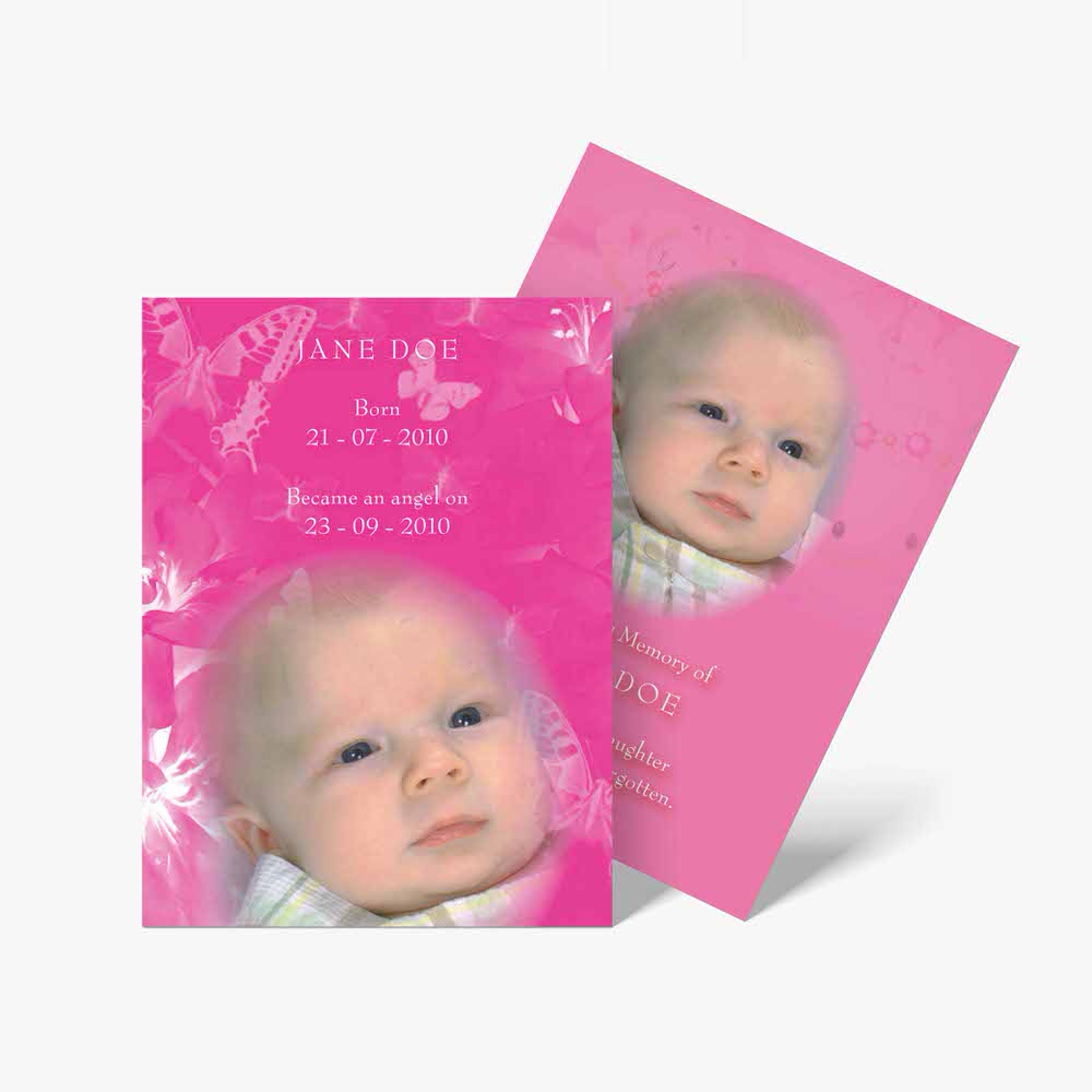 a baby's photo is on a pink card with a pink background