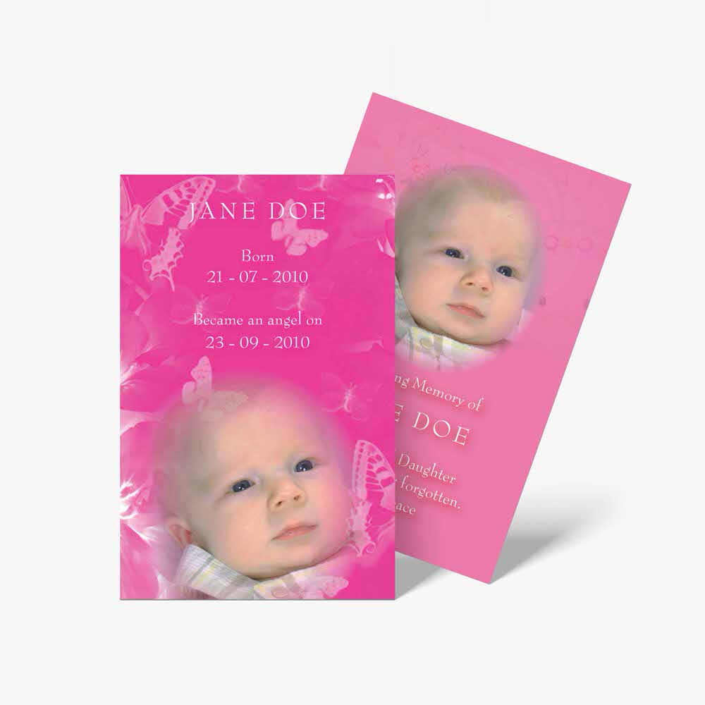 a baby's photo is on a pink card