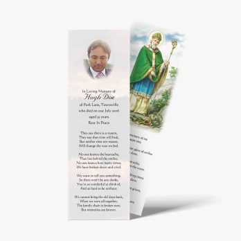 a bookmark with an image of a saint and a poem
