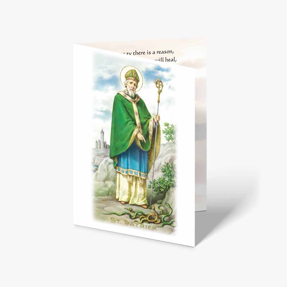 a card with a saint patrick in green and white