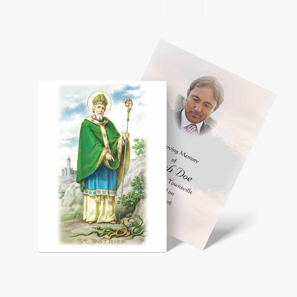 a card with a picture of st patrick and a prayer card