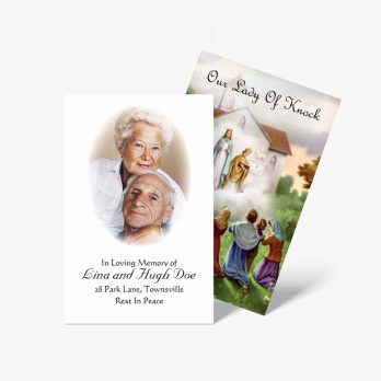 a funeral card with an image of an elderly couple