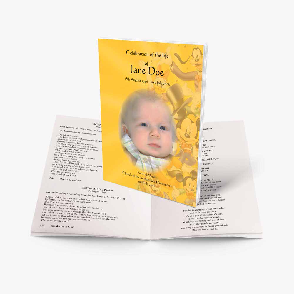 a baby's funeral book with a photo of a baby in a yellow dress