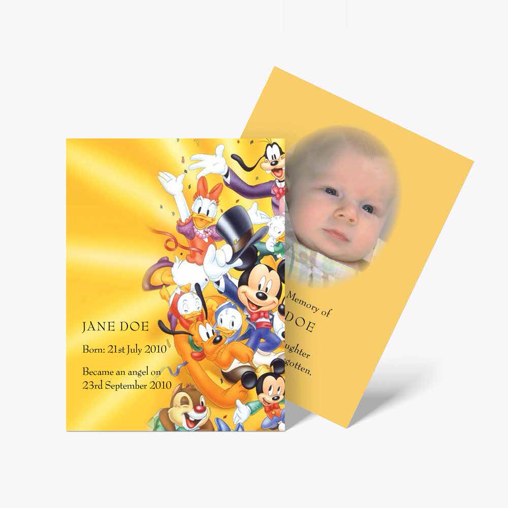 a baby's photo is on a yellow card with mickey mouse and friends