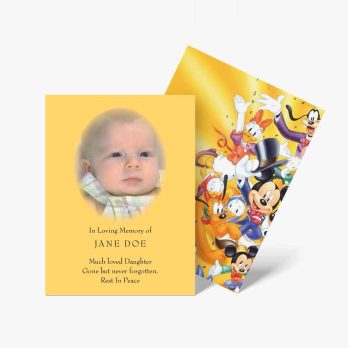 a baby's photo is shown on a yellow card with mickey mouse and friends