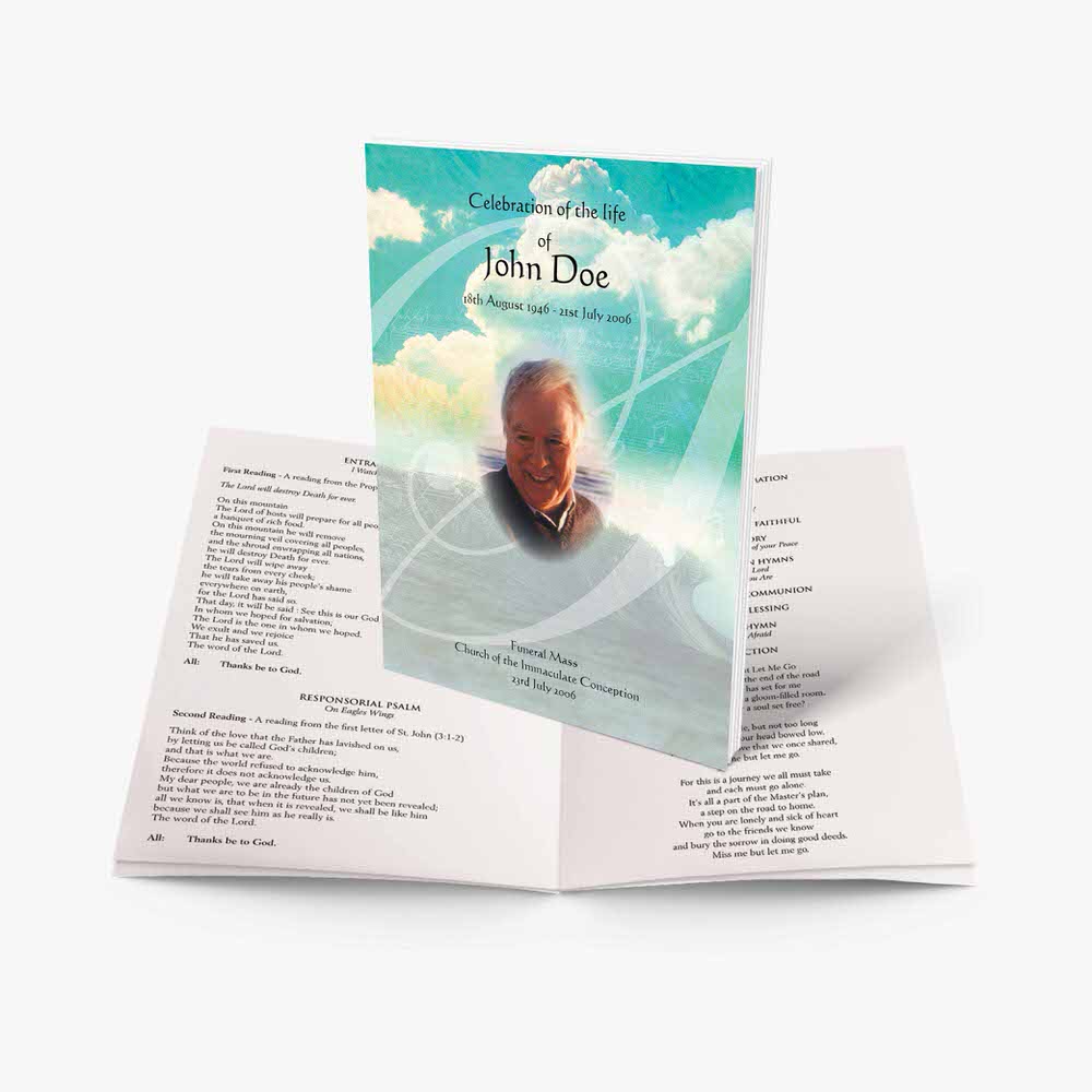a funeral program template with a photo of a man in a white shirt and a blue sky