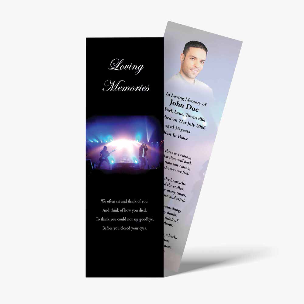 a funeral bookmark with a photo of a man on stage