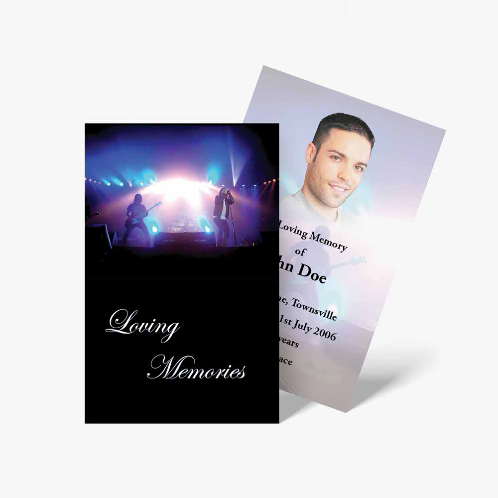 a funeral card with a photo of a man on stage