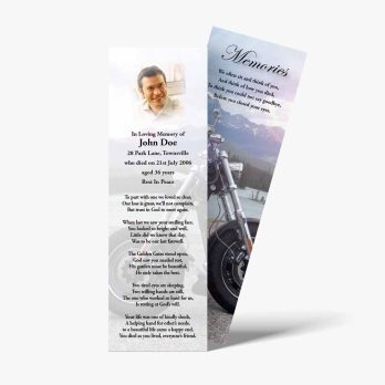 a bookmark with a photo of a motorcycle and a poem