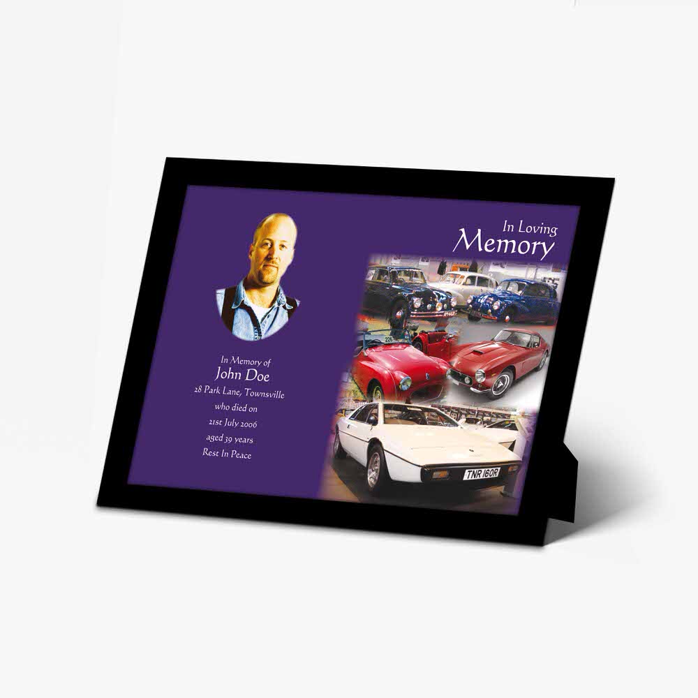 a memory plaque with a picture of a car