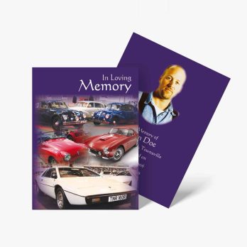 a book with a photo of a car and a card