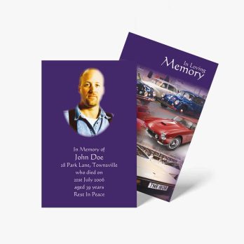 a purple card with a photo of a car and a quote