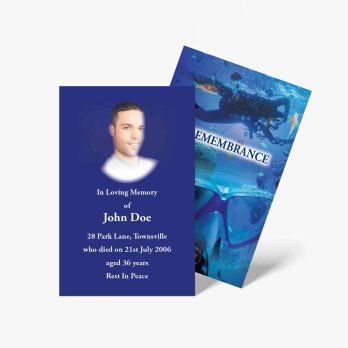 a blue and white funeral card with a photo of a man