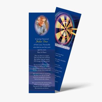 a blue bookmark with a picture of a dart and a dart board