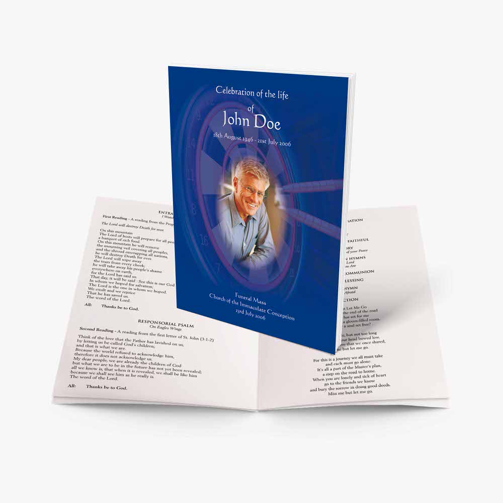 a blue booklet with a photo of a man in a blue suit