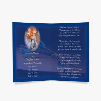 a blue and white funeral card with a photo of a man in a plane