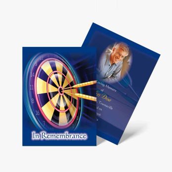 a blue memorial card with a dart and a picture of a man