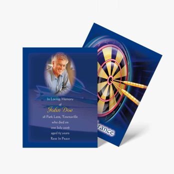 a blue and white photo card with a dart board