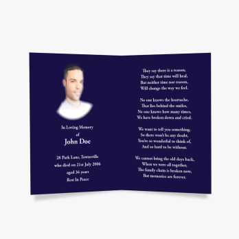 a blue funeral card with a photo of a man in a white shirt and a blue tie