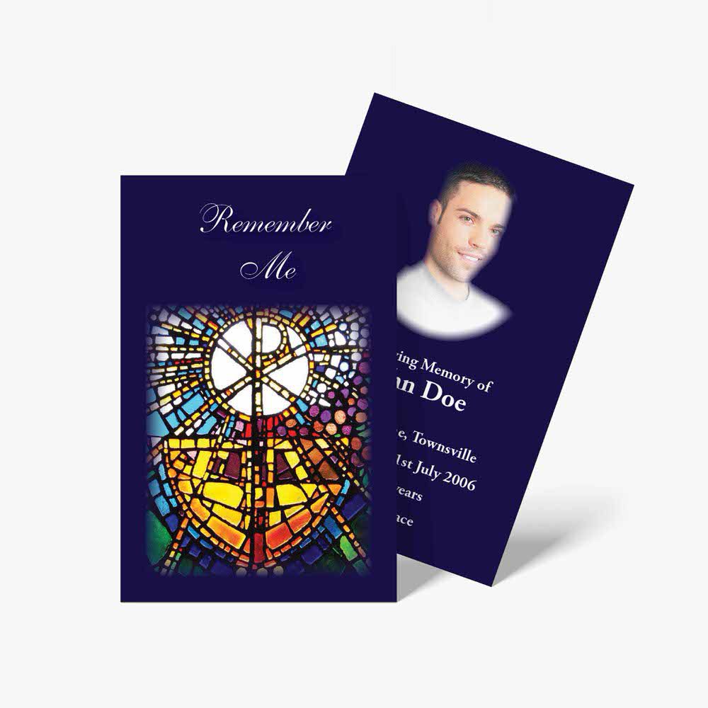 a blue and white funeral card with a stained glass design