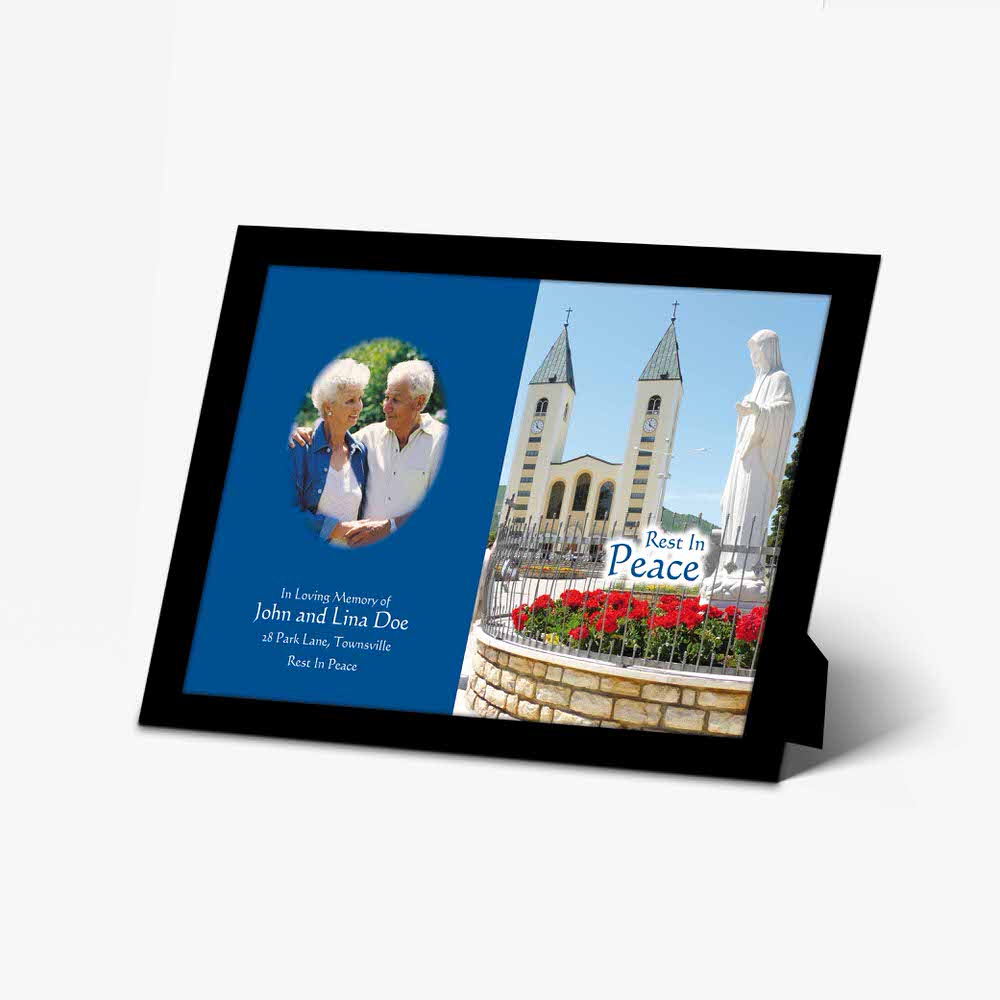 a photo frame with a picture of a church and a blue background