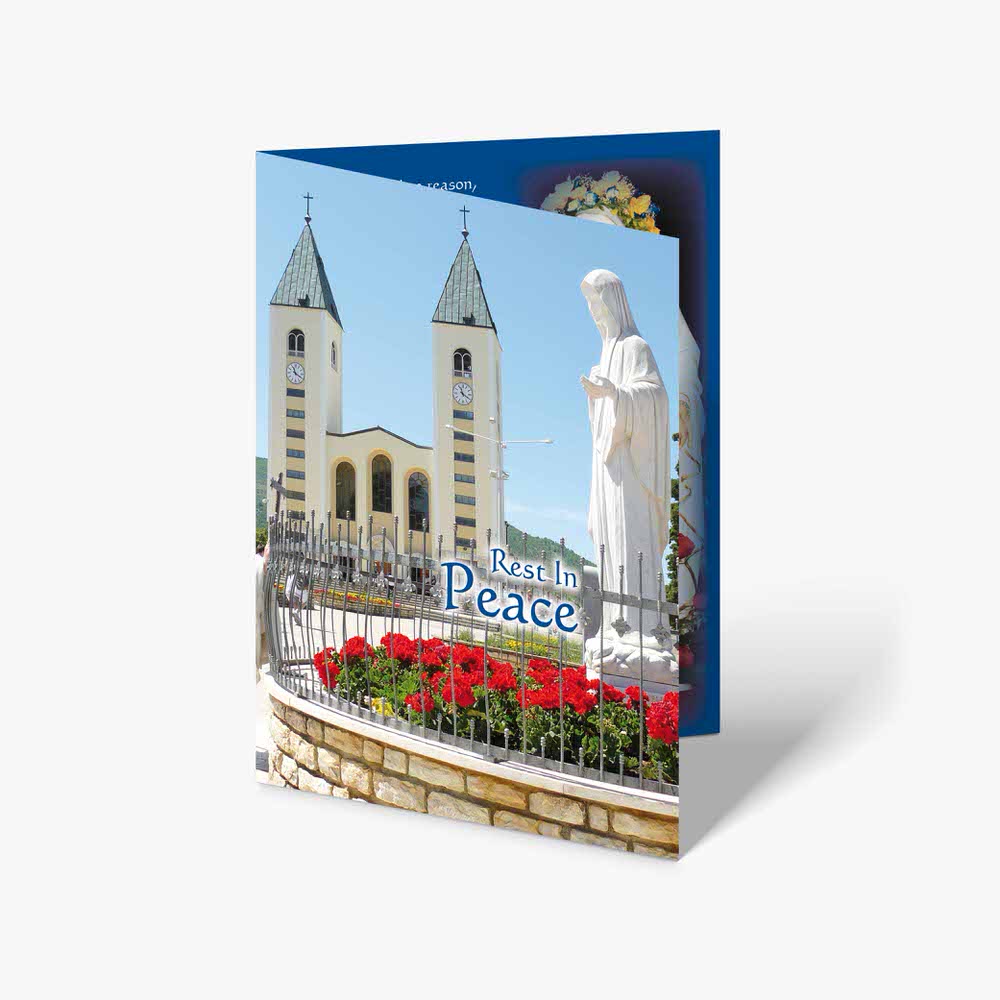 a card with a picture of a church and a statue