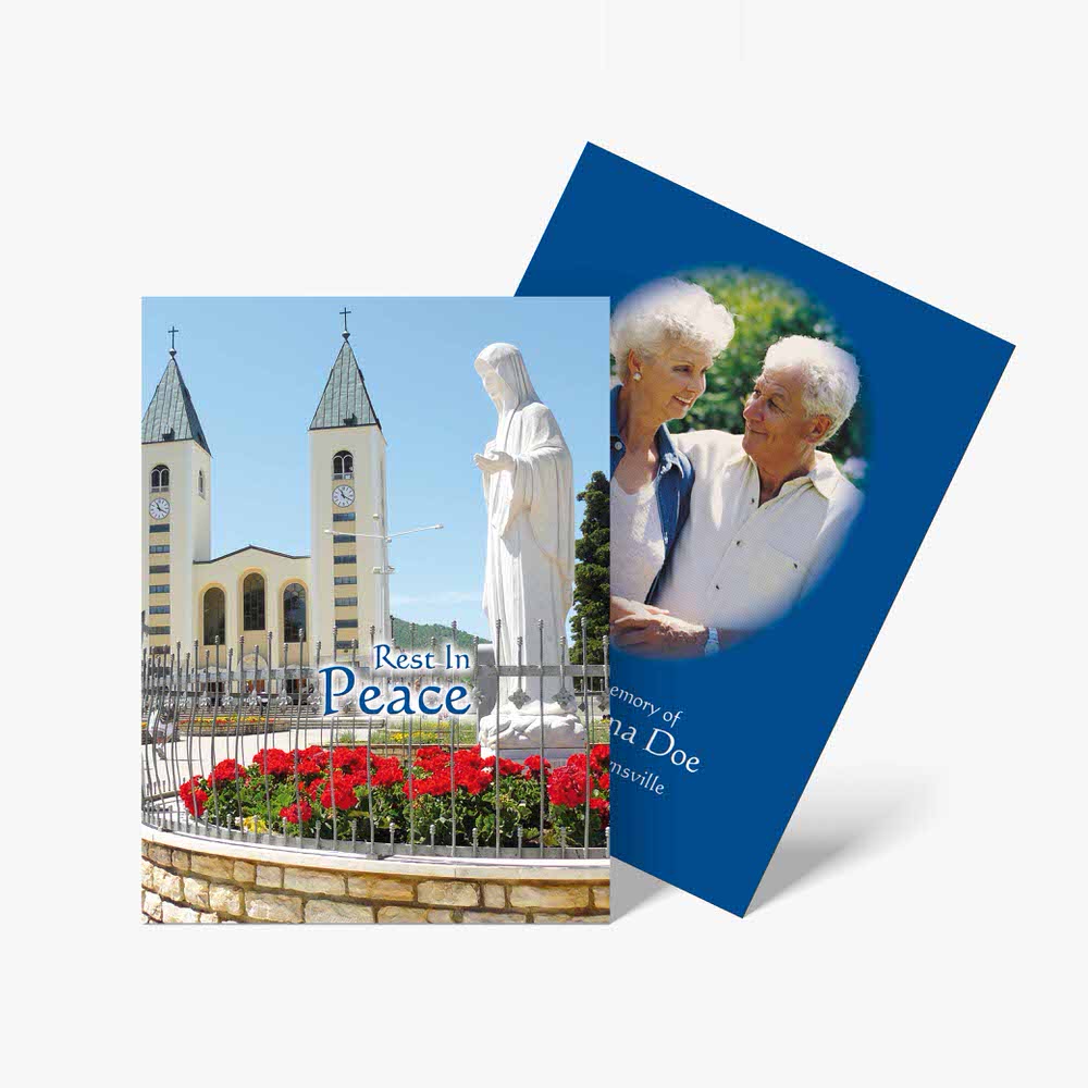 a card with a photo of a church and a woman