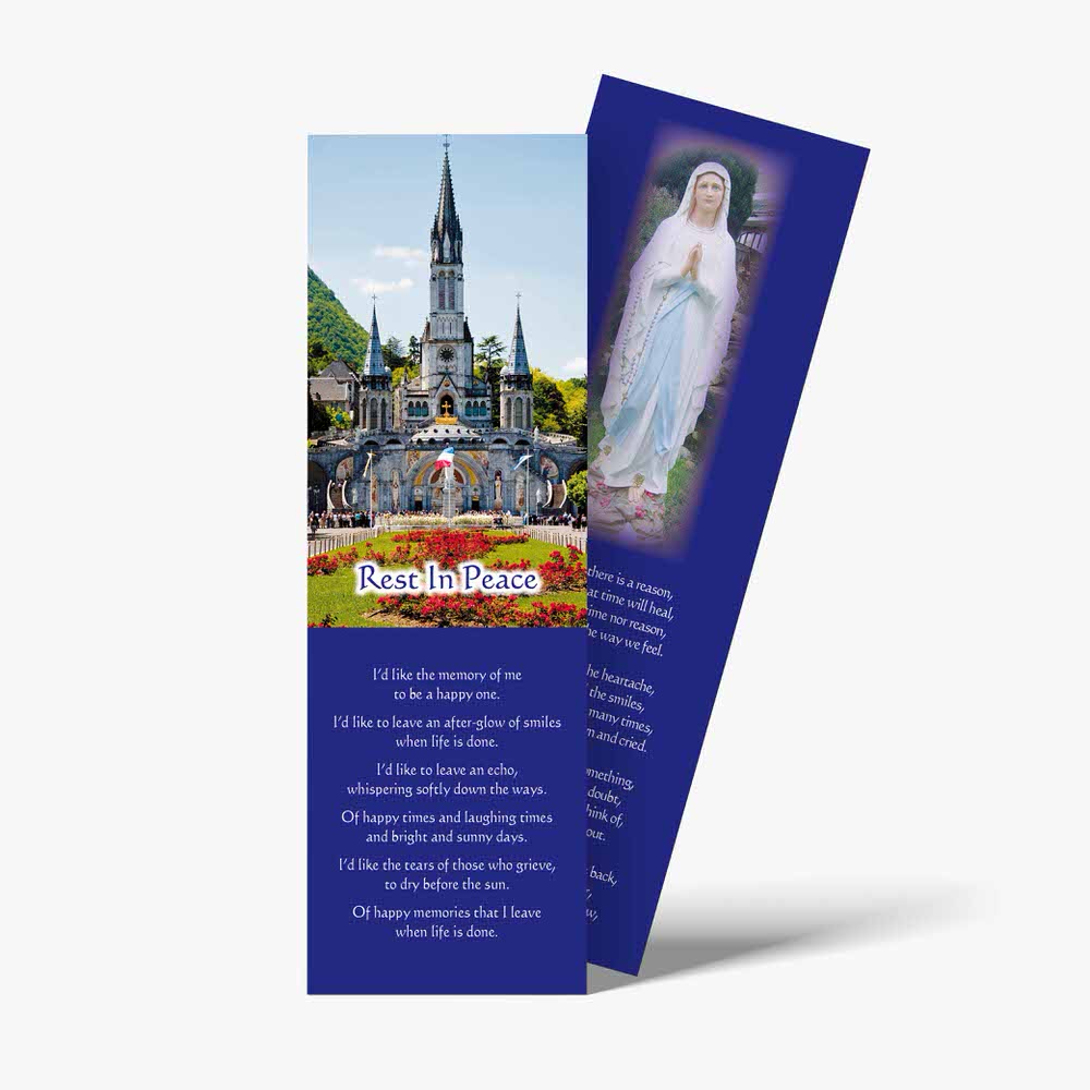 a bookmark with a picture of the statue of the virgin mary