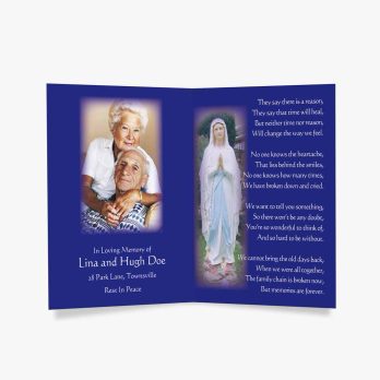 blue prayer card with a photo of the virgin mary and the words