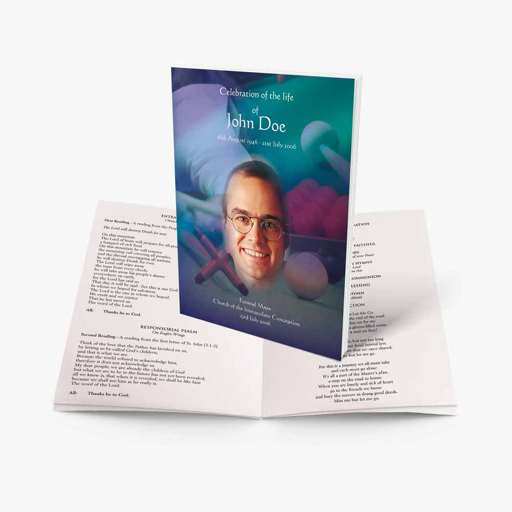a funeral program template with a photo of a man in a white shirt and a blue tie