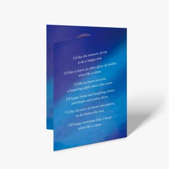 a blue and white greeting card with a poem about the moon