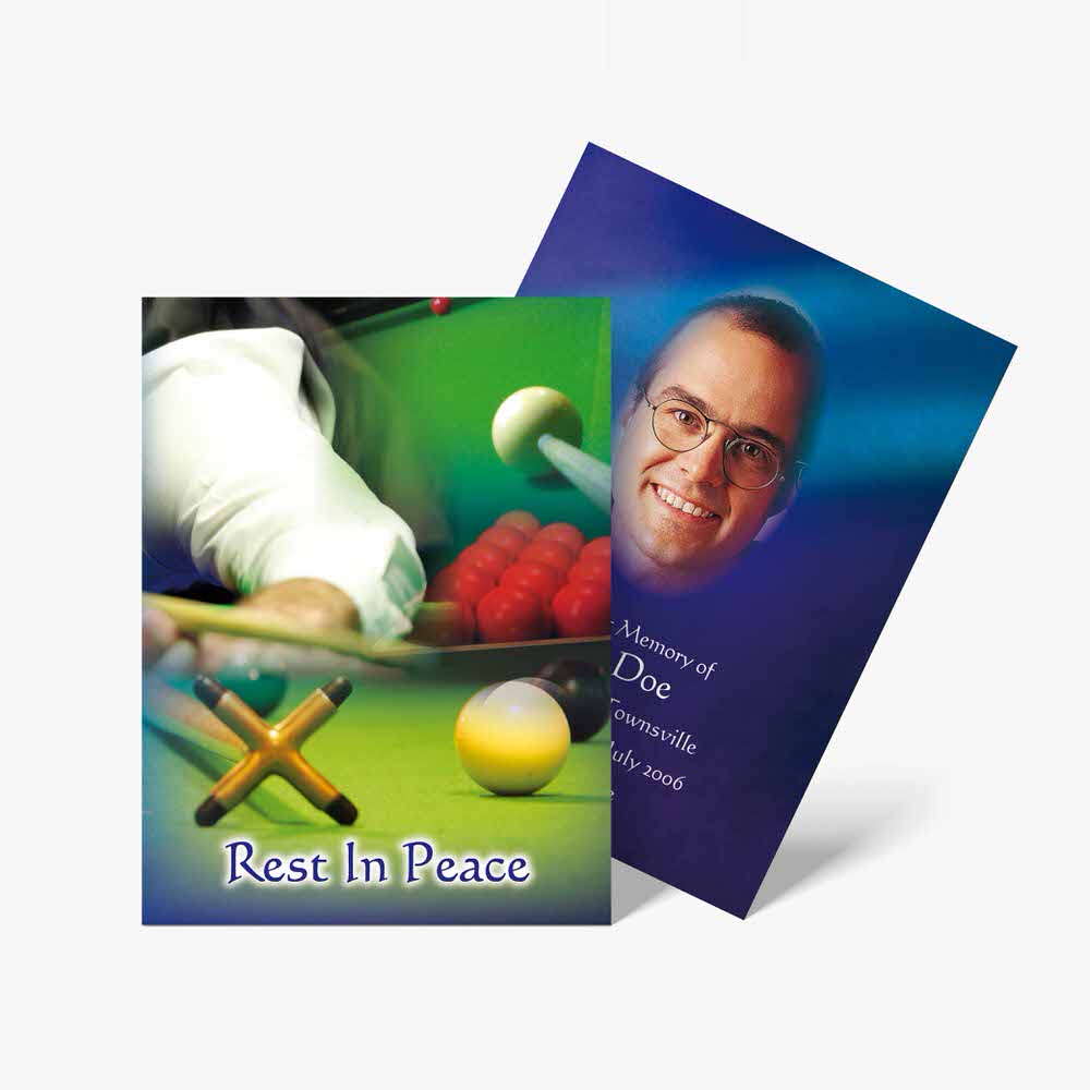 two cards with a pool table and a man playing