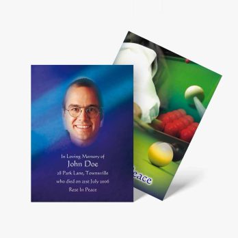 a funeral card with a photo of a man playing pool