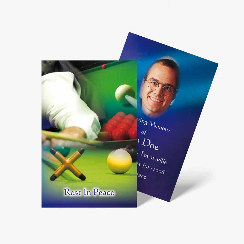 a business card with a pool cue and a man playing