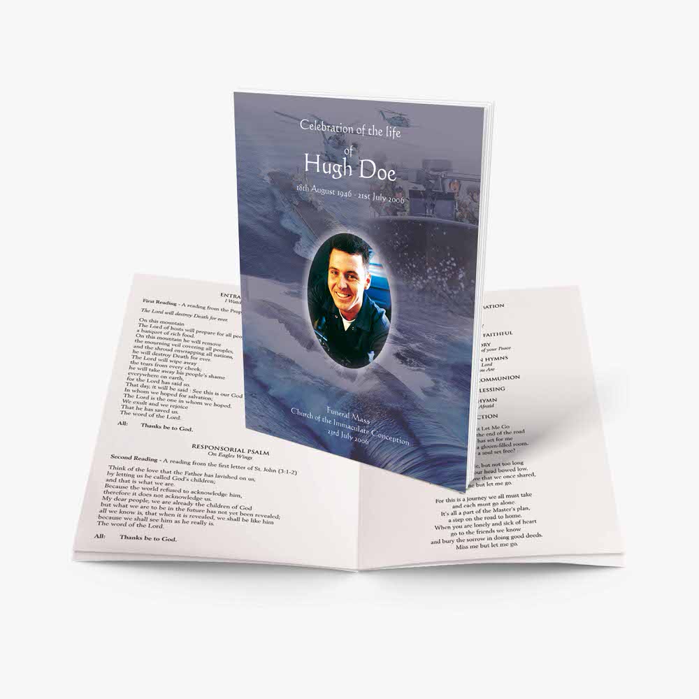 a folded booklet with a photo of a man in a suit