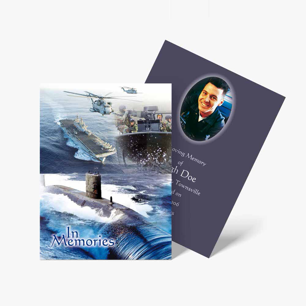 a card with a photo of a submarine and a photo of a helicopter
