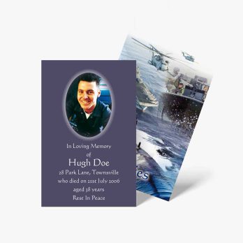 a memorial card with a photo of a man in a helicopter