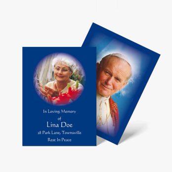 blue funeral cards with photo of a woman and a man